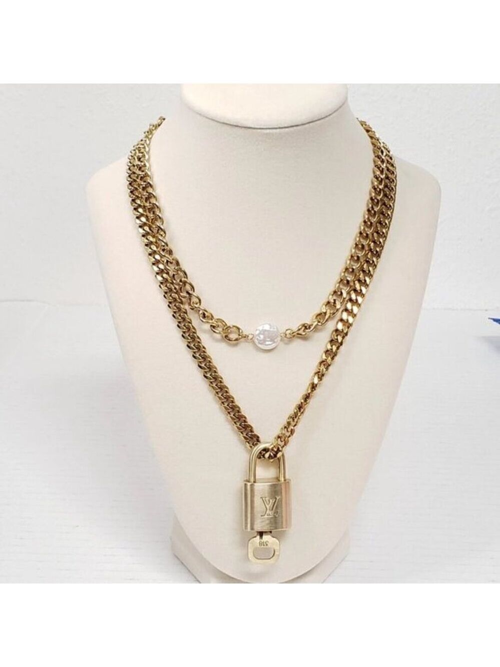 Stainless Steel Gold-Plated Necklace with Authentic Louis Vuitton Padlock